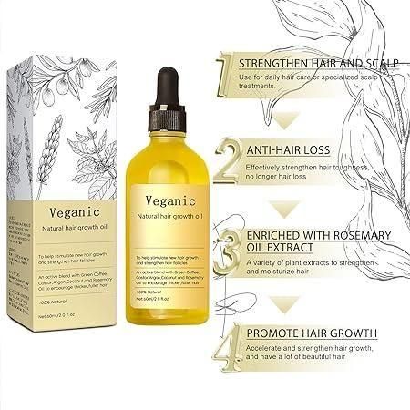 Plant-powered vegan hair oil made from natural ingredients like green coffee, castor oil, argan oil, coconut oil, and rosemary oil. Designed to promote thicker, healthier hair in just 30 days. 100% vegan and cruelty-free, formulated for deep nourishment and growth stimulation.