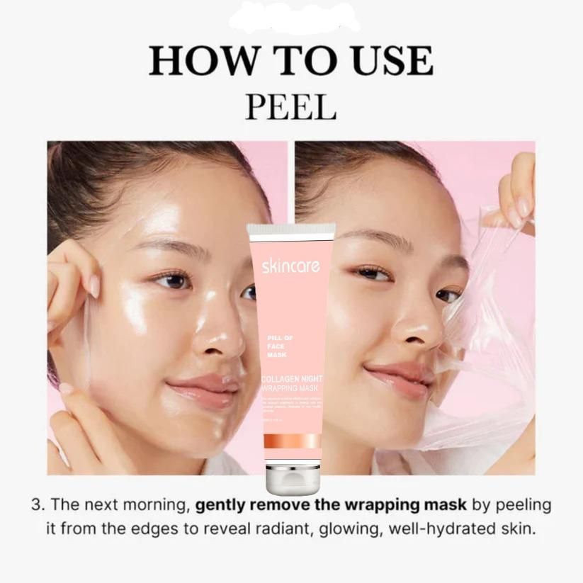 Before and after using Collagen Night Wrapping Peel Off Mask – visibly brighter, smoother, and firmer skin.