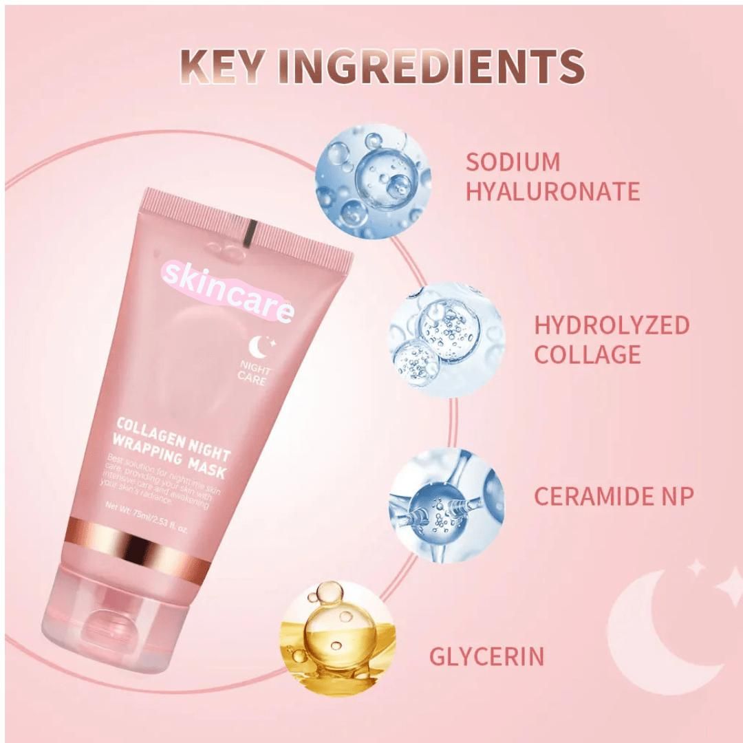 Close-up of Collagen Night Wrapping Peel Off Mask ingredients – Ceramide NP and Collagen Extract for deep hydration and anti-aging.